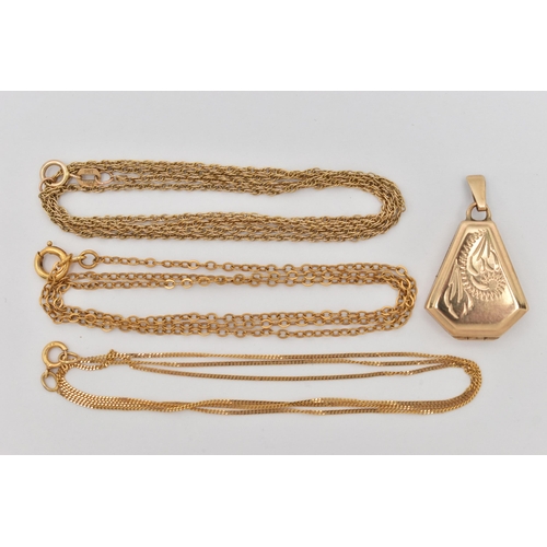 65 - THREE YELLOW METAL CHAINS AND A LOCKET, the first rope twist chain with spring clasp, hallmarked 9ct... 