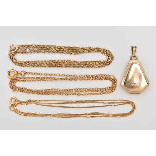 65 - THREE YELLOW METAL CHAINS AND A LOCKET, the first rope twist chain with spring clasp, hallmarked 9ct... 