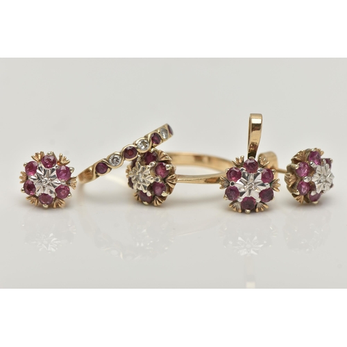 69 - TWO 9CT GOLD RUBY AND DIAMOND RINGS, EARRINGS AND A PENDANT, the first a cluster ring, set with a si... 