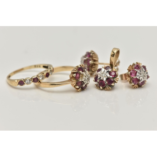 69 - TWO 9CT GOLD RUBY AND DIAMOND RINGS, EARRINGS AND A PENDANT, the first a cluster ring, set with a si... 