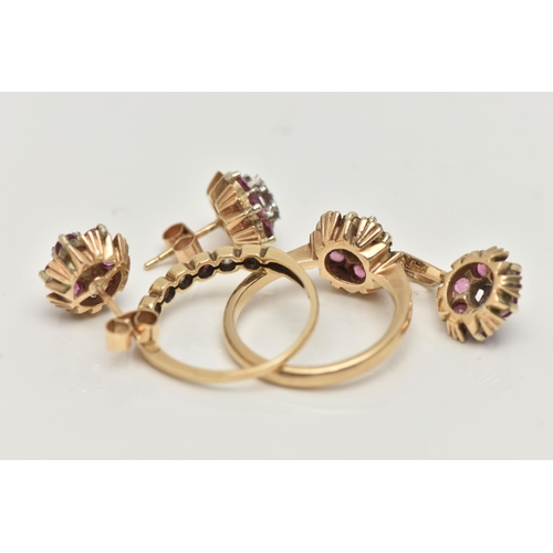 69 - TWO 9CT GOLD RUBY AND DIAMOND RINGS, EARRINGS AND A PENDANT, the first a cluster ring, set with a si... 