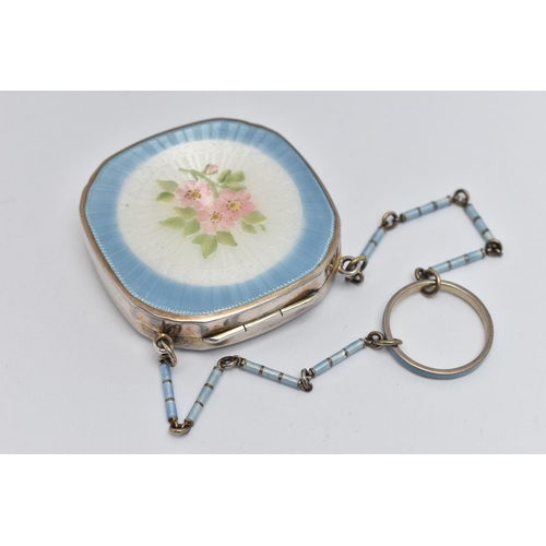 72 - AN EDWARDIAN GUILLOCHE ENAMEL COMPACT, white metal compact, of a rounded square form, floral pattern... 