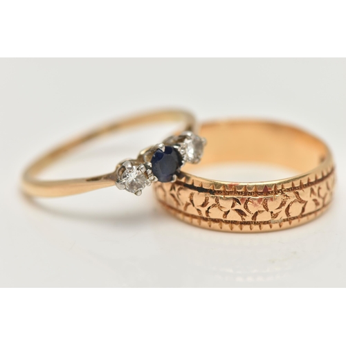 73 - A LATE VICTORIAN 18CT GOLD WIDE BAND RING AND A GEM SET RING, the wide band with textured pattern, a... 