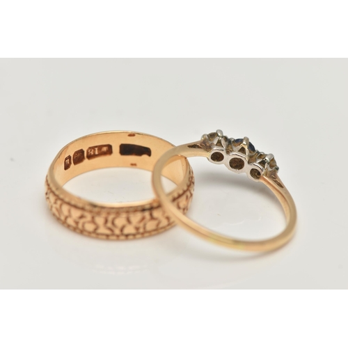 73 - A LATE VICTORIAN 18CT GOLD WIDE BAND RING AND A GEM SET RING, the wide band with textured pattern, a... 