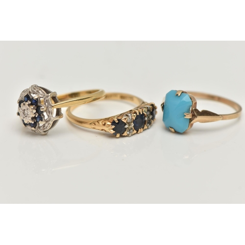 74 - THREE GEM SET RINGS, to include a yellow metal, sapphire and diamond ring, scrolling gallery, polish... 