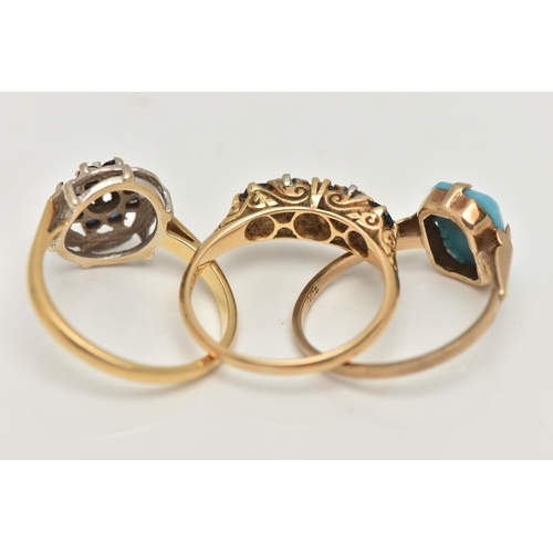 74 - THREE GEM SET RINGS, to include a yellow metal, sapphire and diamond ring, scrolling gallery, polish... 