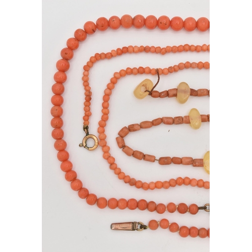 84 - THREE CORAL BEAD NECKLACES, the first an early 20th century graduated coral bead necklace to the oct... 