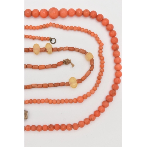 84 - THREE CORAL BEAD NECKLACES, the first an early 20th century graduated coral bead necklace to the oct... 