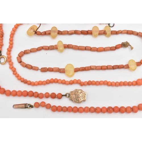 84 - THREE CORAL BEAD NECKLACES, the first an early 20th century graduated coral bead necklace to the oct... 