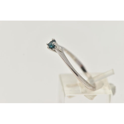 91 - A SINGLE STONE DIAMOND RING, heat treated blue diamond four prong set in white gold, approximate tot... 