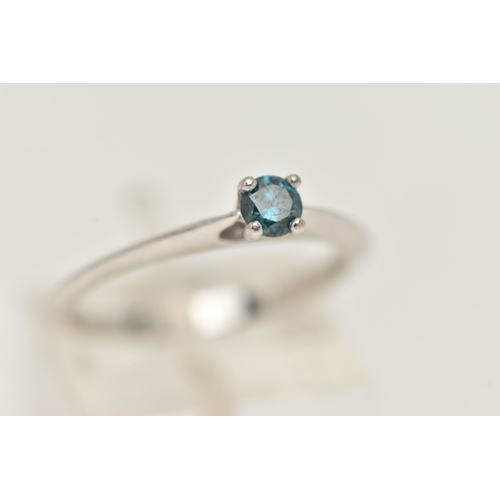 91 - A SINGLE STONE DIAMOND RING, heat treated blue diamond four prong set in white gold, approximate tot... 