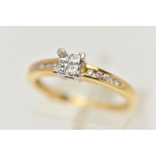 92 - A 18CT GOLD DIAMOND RING, four princess cut diamonds invisible set with four exterior prongs, leadin... 