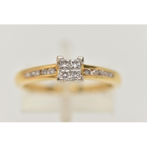 92 - A 18CT GOLD DIAMOND RING, four princess cut diamonds invisible set with four exterior prongs, leadin... 