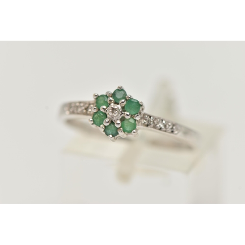 96 - A 9CT GOLD RING AND WHITE METAL PENDANT, the first an emerald and diamond floral cluster ring, hallm... 