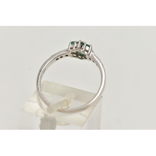 96 - A 9CT GOLD RING AND WHITE METAL PENDANT, the first an emerald and diamond floral cluster ring, hallm... 