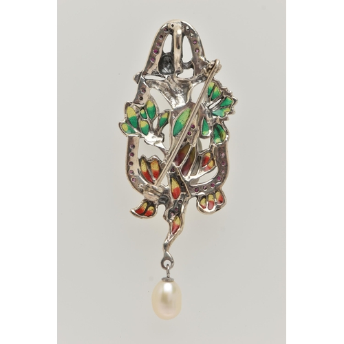 98 - A WHITE METAL PLIQUE A JOUR BROOCH, art nouveau style, displaying a lady within flowers, set within ... 