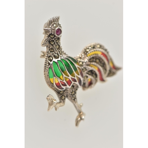 99 - A WHITE METAL PLIQUE A JOUR BROOCH, in the form of a cockerel, marcasite detail to the body with a r... 