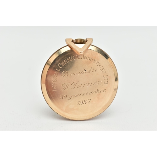 106 - A 9CT GOLD 'GARRARD' POCKET WATCH, manual wind, round silver dial signed 'Garrard', alternating Roma... 