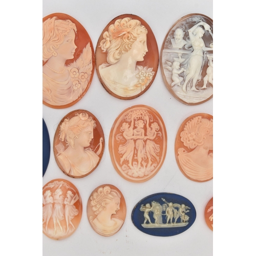 110 - AN ASSORTMENT OF CAMEOS, to include fourteen shell cameos and two 'Wedgewood' cameos, (condition rep... 