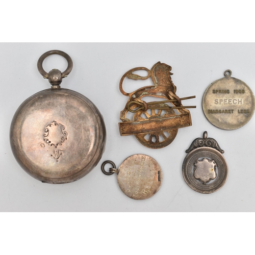 111 - ASSORTED MEDALS AND AN OPEN FACE POCKET WATCH, a silver medal with shield design detail, hallmarked ... 