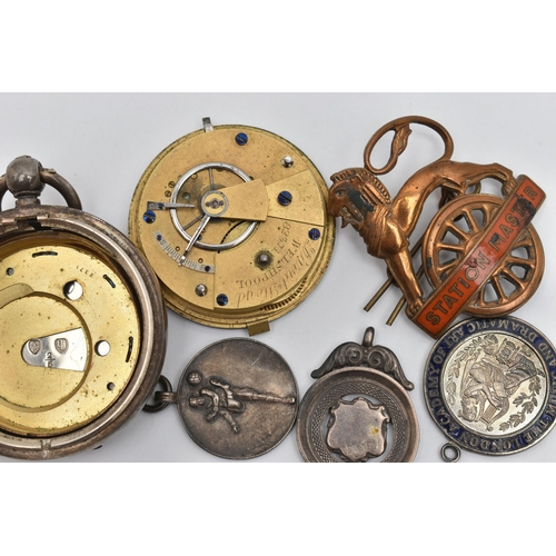 111 - ASSORTED MEDALS AND AN OPEN FACE POCKET WATCH, a silver medal with shield design detail, hallmarked ... 