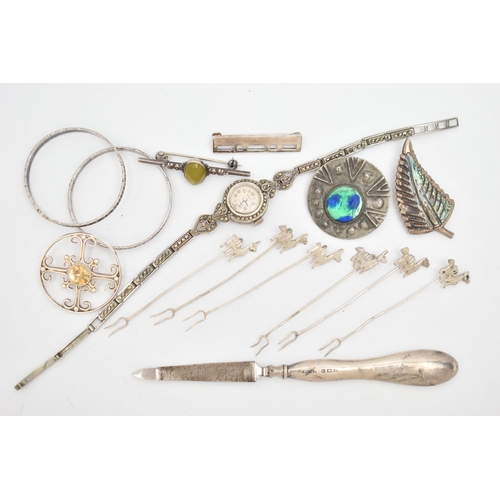 113 - AN ASSORTMENT OF SILVER AND WHITE METAL, to include a silver handled nail file, hallmarked Birmingha... 