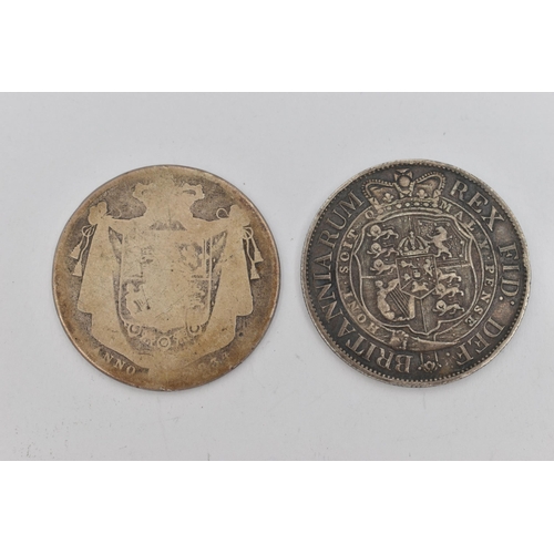 116 - A 1818 GEORGE III HALFCROWN COIN, together with a worn William IV 1834 Halfcrown coin