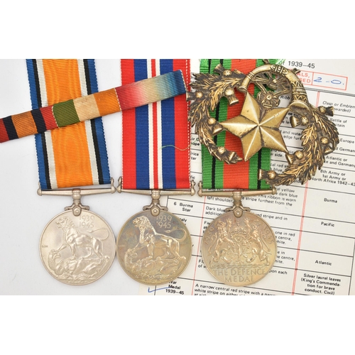 122 - THREE WWII MEDALS, to include two 1939-1945 service medals, both with ribbons, a 1939-1945 The Defen... 