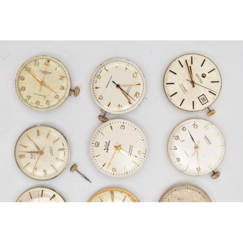 138 - A BOX OF WATCH MOVEMENTS, fifteen movements, names to include Garrard, Smiths, J.W Benson, Roamer, a... 