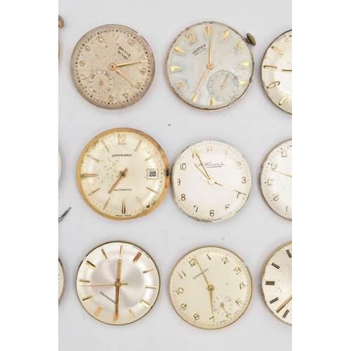 138 - A BOX OF WATCH MOVEMENTS, fifteen movements, names to include Garrard, Smiths, J.W Benson, Roamer, a... 