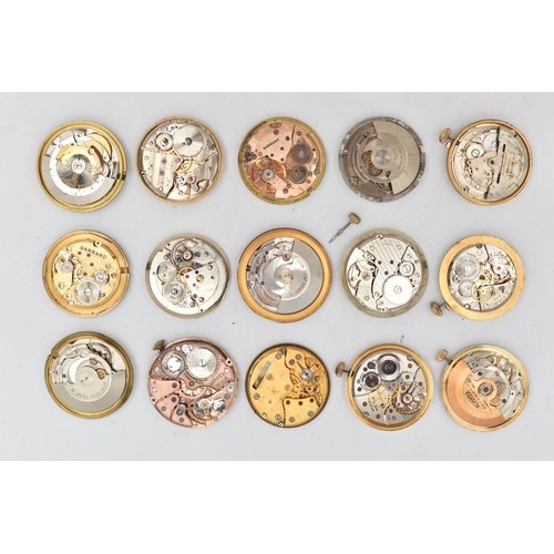 138 - A BOX OF WATCH MOVEMENTS, fifteen movements, names to include Garrard, Smiths, J.W Benson, Roamer, a... 