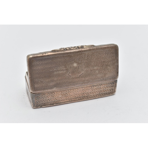 143 - AN EARLY VICTORIAN NATHANIEL MILLS SILVER SNUFF BOX, the rectangular shape with engine turned banded... 