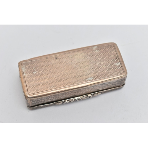 143 - AN EARLY VICTORIAN NATHANIEL MILLS SILVER SNUFF BOX, the rectangular shape with engine turned banded... 