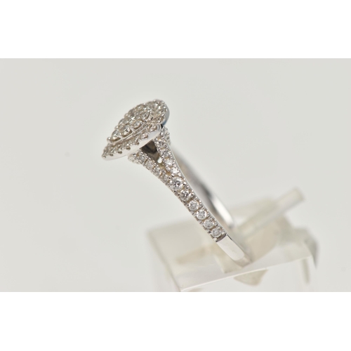 149 - A 'VERA WANG', 18CT WHITE GOLD, DIAMOND SET RING, of a pear cut design, set with a cluster of round ... 