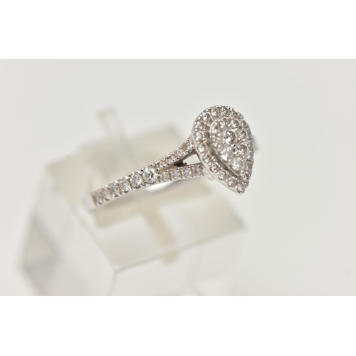 149 - A 'VERA WANG', 18CT WHITE GOLD, DIAMOND SET RING, of a pear cut design, set with a cluster of round ... 