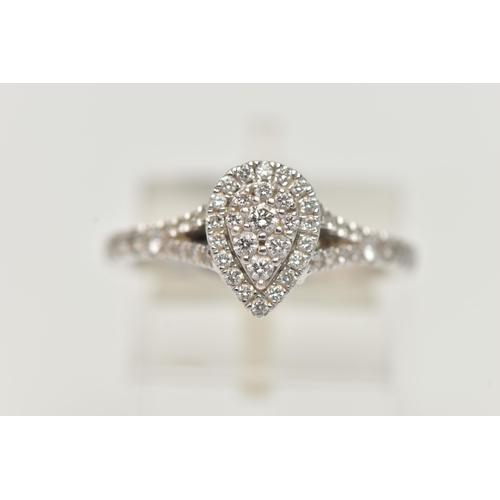 149 - A 'VERA WANG', 18CT WHITE GOLD, DIAMOND SET RING, of a pear cut design, set with a cluster of round ... 