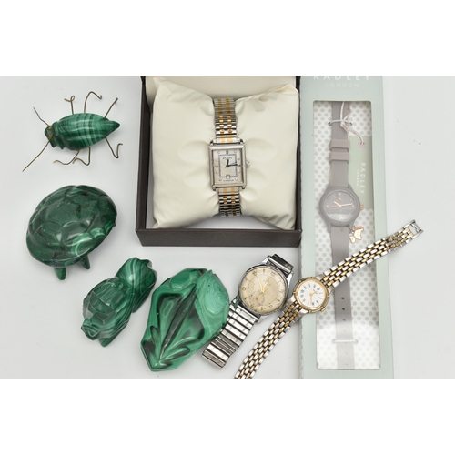 156 - A BOX OF ASSORTED WATCHES AND ORNAMENTS, to include a boxed ladies 'Rotary' wristwatch, a ladies 'Ac... 