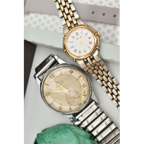 156 - A BOX OF ASSORTED WATCHES AND ORNAMENTS, to include a boxed ladies 'Rotary' wristwatch, a ladies 'Ac... 