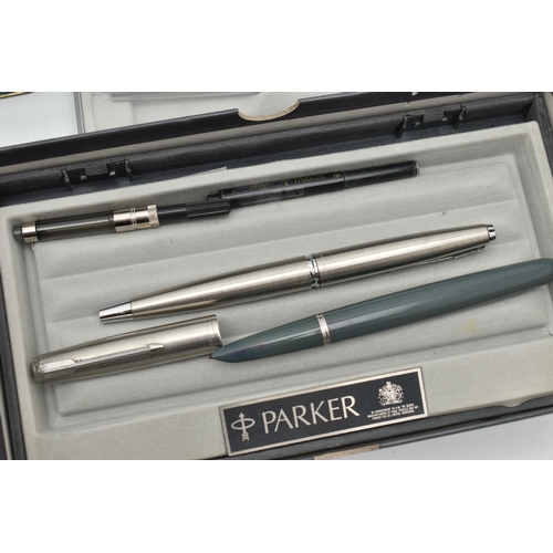 157 - A BOX OF ASSORTED PENS, to include a 'Sheaffer' ball point pen, together with signed box, four 'Park... 