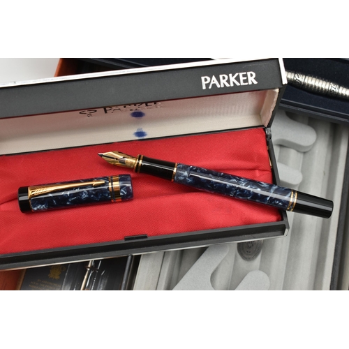 157 - A BOX OF ASSORTED PENS, to include a 'Sheaffer' ball point pen, together with signed box, four 'Park... 