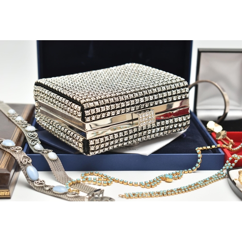 159 - AN ASSORTMENT OF JEWELLERY AND A HANDBAG, to include a boxed 'Swarovski' 'Louise' collar style neckl... 