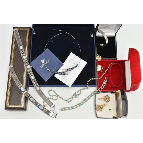 159 - AN ASSORTMENT OF JEWELLERY AND A HANDBAG, to include a boxed 'Swarovski' 'Louise' collar style neckl... 