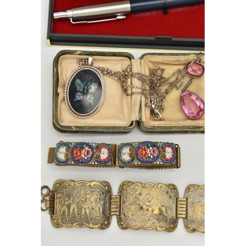 161 - A BOX OF ASSORTED ITEMS, to include a boxed 'Sheaffer' gold plated ball point pen and pencil set, a ... 