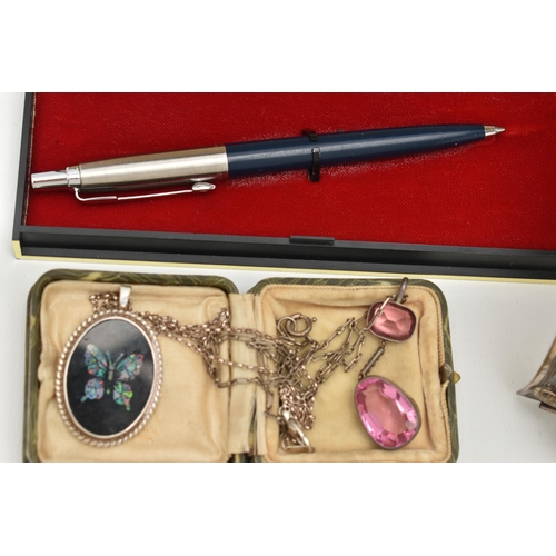 161 - A BOX OF ASSORTED ITEMS, to include a boxed 'Sheaffer' gold plated ball point pen and pencil set, a ... 