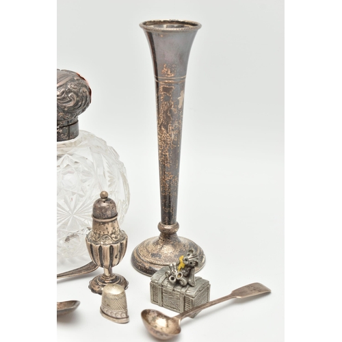 164 - A SELECTION OF SILVER ITEMS, to include posy vase with weighted round base, hallmarked Birmingham, a... 