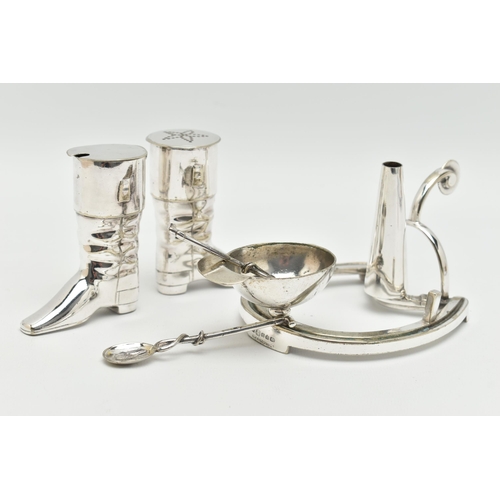 166 - AN ELKINGTON & CO. SILVER PLATED NOVELTY CRUET SET, the pepper and mustard pot designed as boots, a ... 