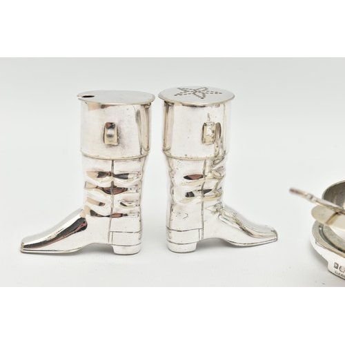 166 - AN ELKINGTON & CO. SILVER PLATED NOVELTY CRUET SET, the pepper and mustard pot designed as boots, a ... 