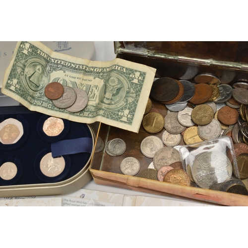 167 - A CARDBOARD BOX CONTAINING MIXED COINAGE, to include a Royal Mint 2000 Time Capsule of Penny to £5 o... 