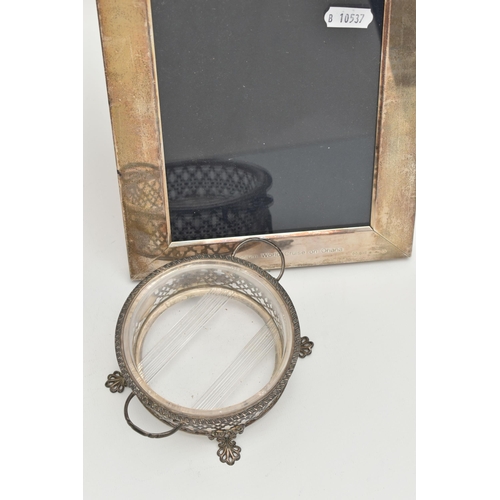 168 - A SILVER FRAME AND BONBON DISH, the photograph frame of plain design with engraving to the lower fra... 