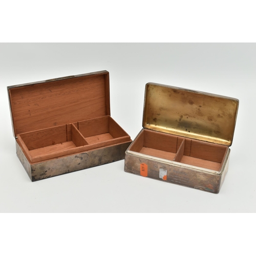 169 - TWO SILVER CIGARETTE BOXES, the first with an engine turned pattern, engraved monogram and personal ... 